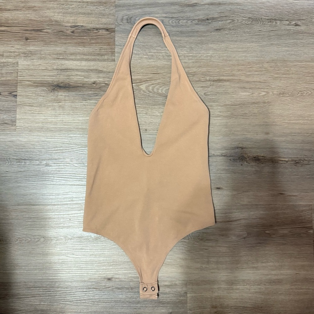 Express One Eleven Deep V Halter Thong Bodysuit Beige Size Small EUC Size Small